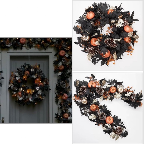 Martha Stewart 24” Lit Wreath & 5' Lit Gilded Fall Pumpkin Garland